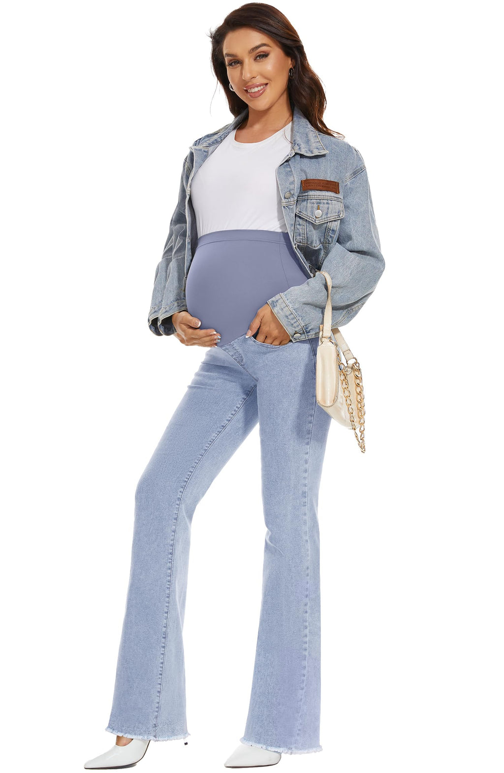 GLAMIX Women's Stretch Maternity Bootcut Jeans with Pockets Over The Belly Bell Bottoms Flare Denim Pants Pregnancy Clothes(Light Blue (Frayed Hem), M)
