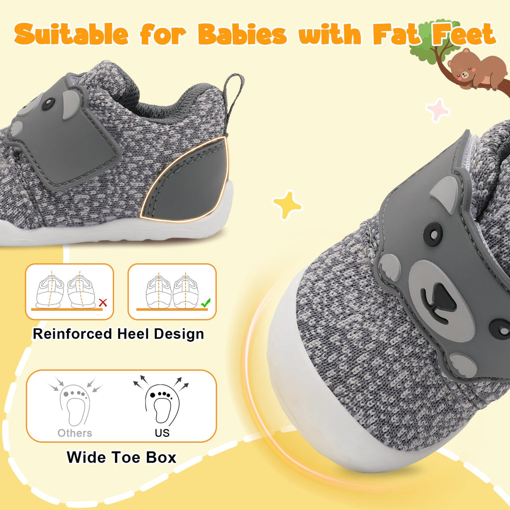 FEETCITY Wide Infant Sneakers - Baby First Walking & Slip On Shoes, Lightweight Barefoot Shoes, Grey, 18-24 Months