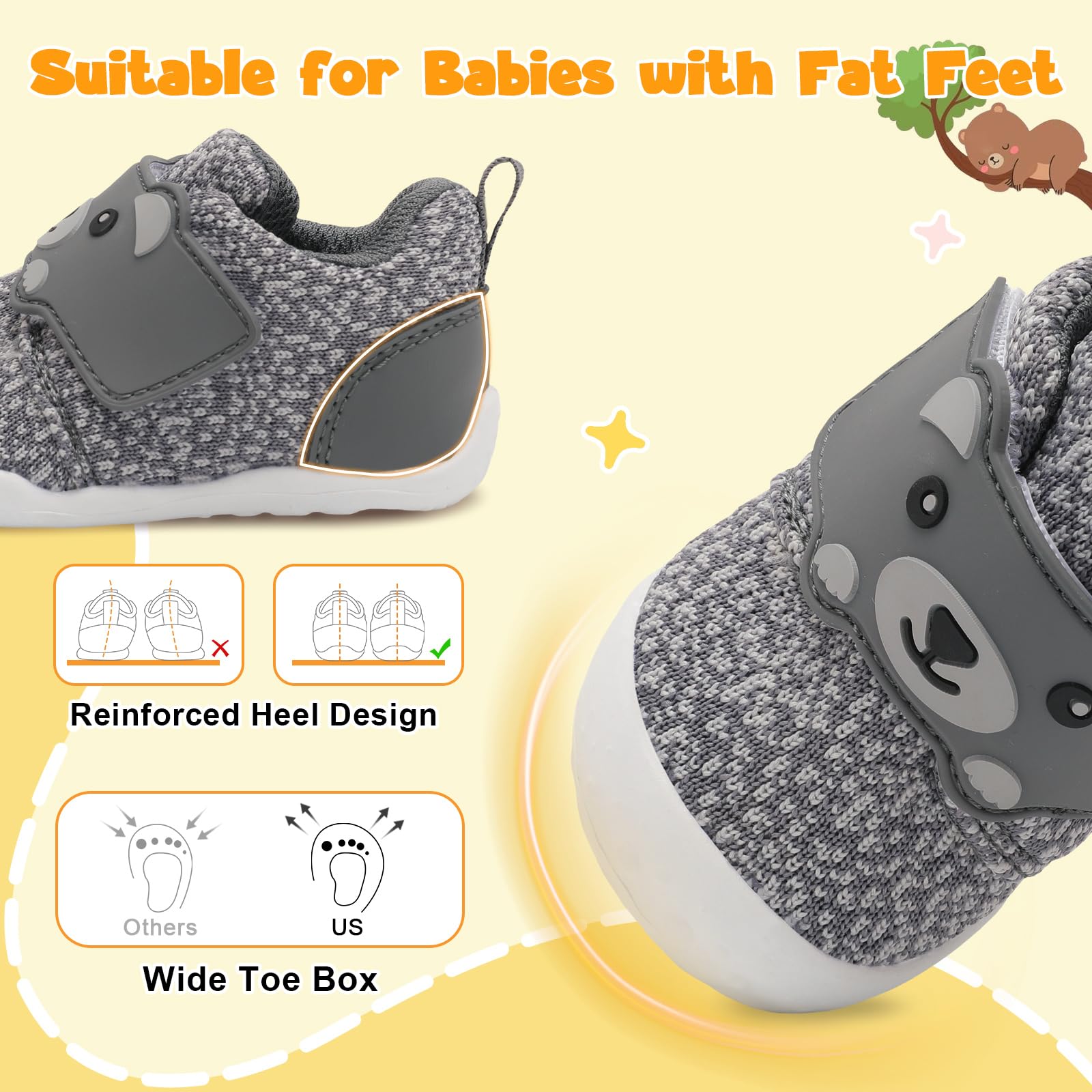 FEETCITY Wide Infant Sneakers - Baby First Walking & Slip On Shoes, Lightweight Barefoot Shoes, Grey, 18-24 Months