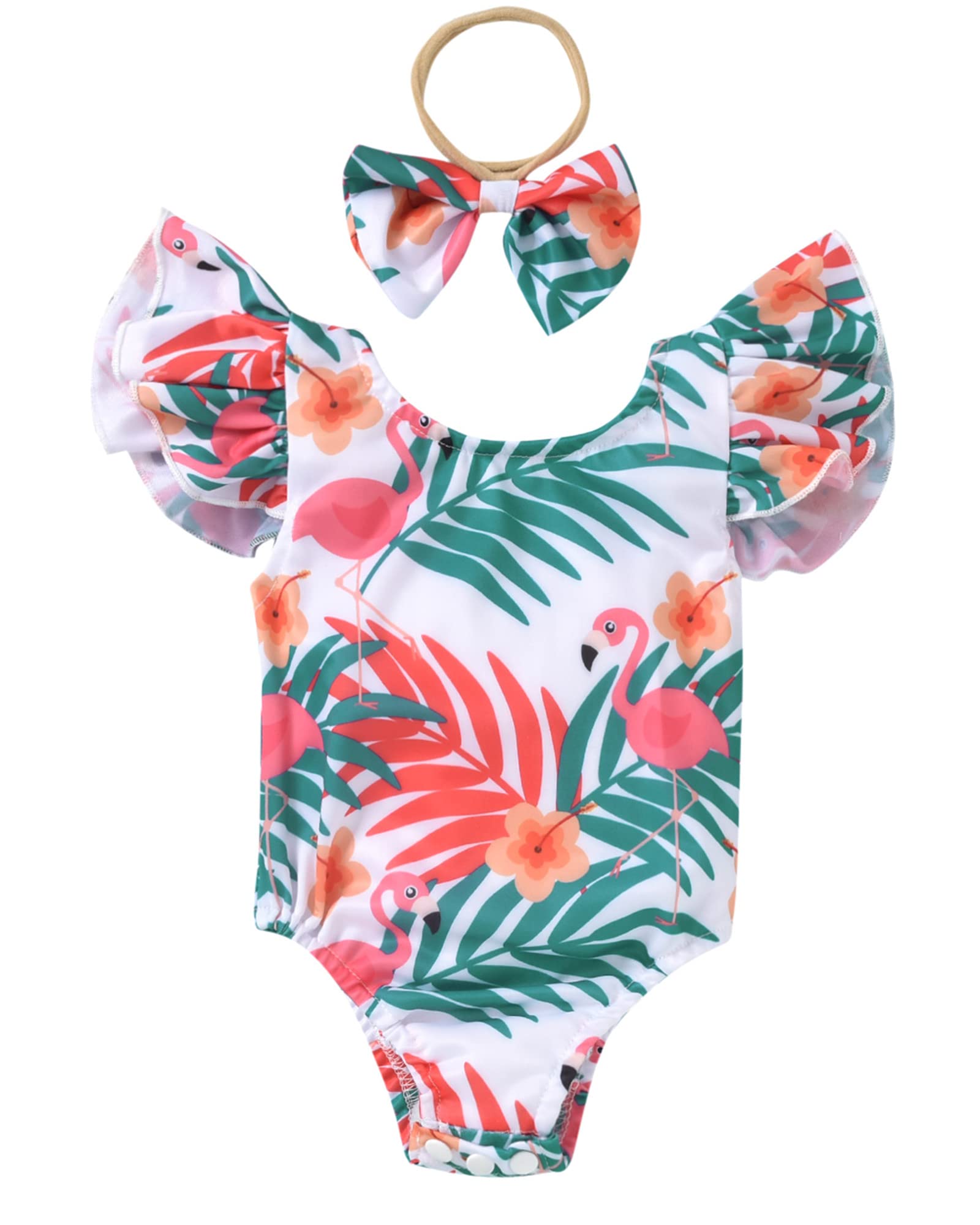 18-24 Months Infant Baby Girl Flamingo Swimsuit Hawaiian One Piece Ruffles Swimwear Bathing Set