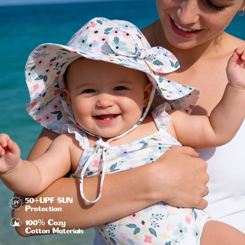 Baby Girl Sun Hat with UPF 50+ Outdoor Adjustable Beach Hat with Wide Brim Bucket Hats (6-12 Months, Pink Printing & White Printing -2pcs)