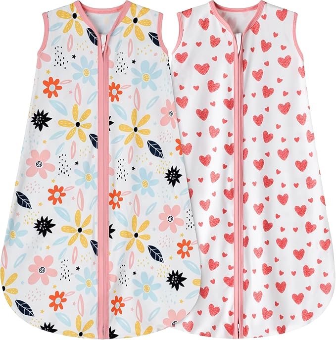 BSTOPPT Newborn Sleep Sack Baby Swaddle,3-Way Adjustable Wearable Blanket,100% Rayon Cotton Swaddling Sleeping Bag，TOG 0.5（Heart&Floral）