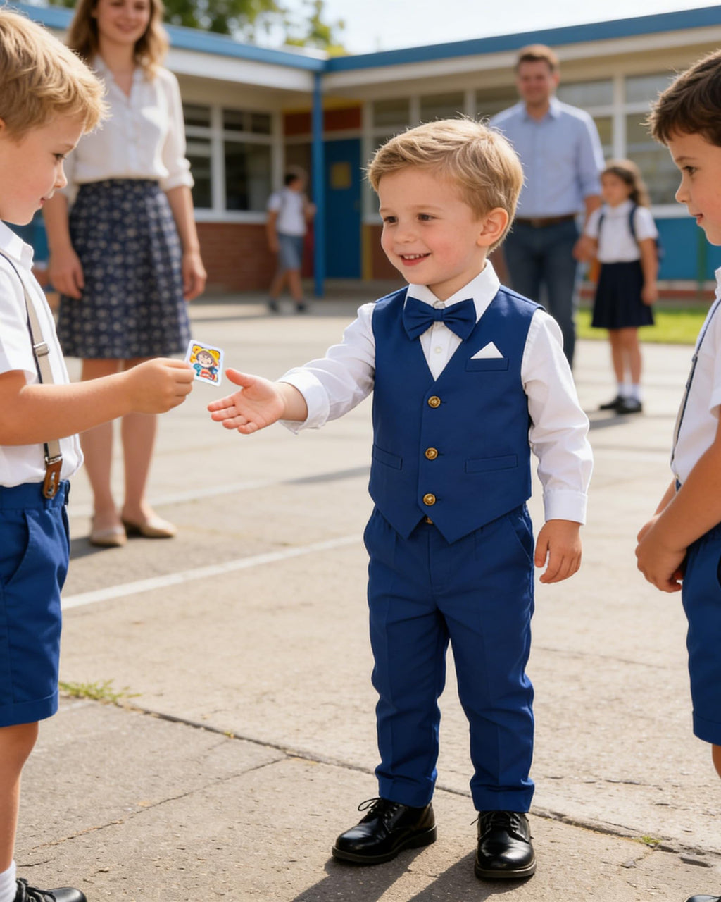 SANGTREE Boys Gentleman Wedding Outfits with Long Sleeve Floral Shirt, Bowtie, Boutonniere, Vest and Suspender Pants Sets, Linen Blue Sea, 9-12 Months = Tag 70