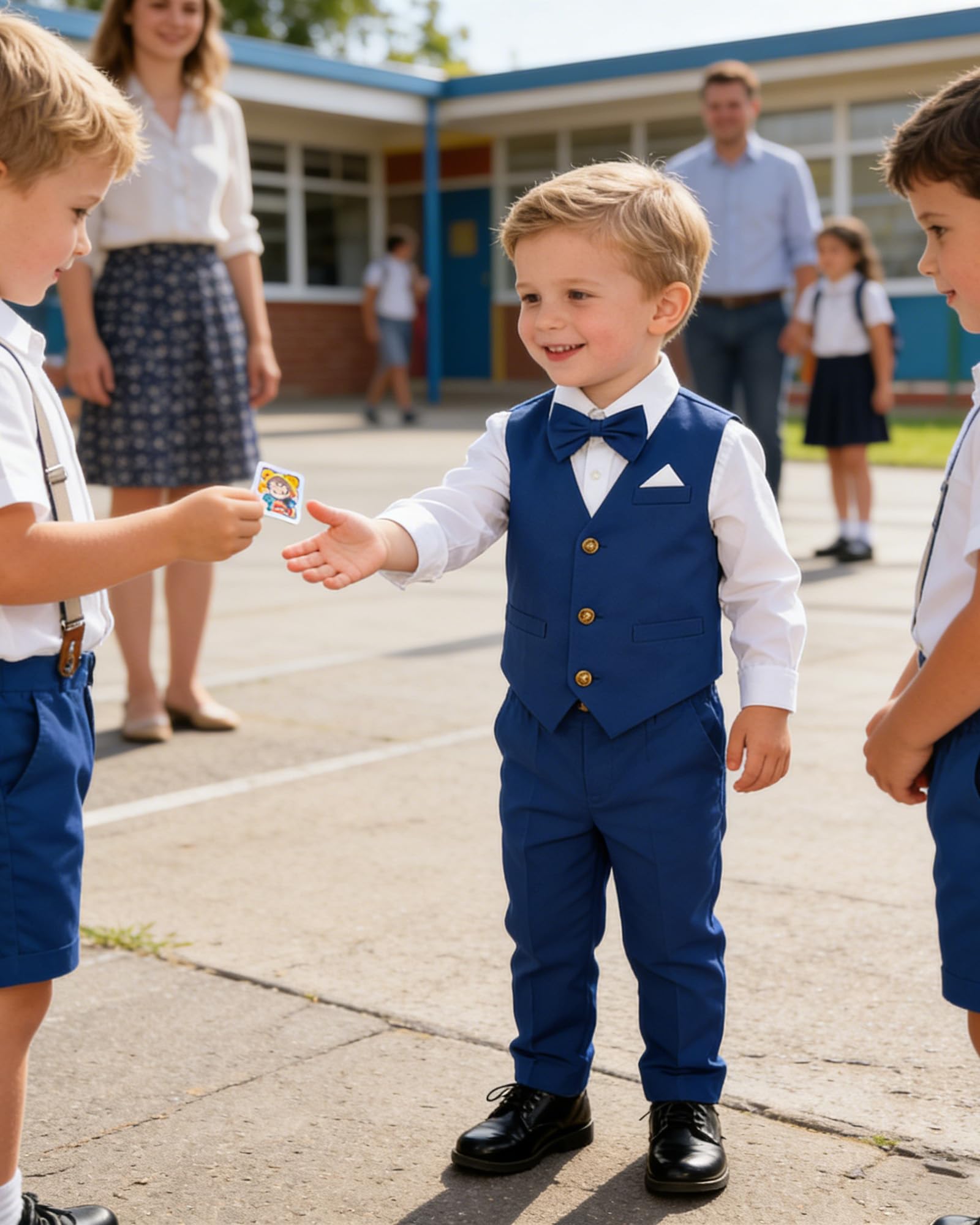 SANGTREE Boys Gentleman Wedding Outfits with Long Sleeve Floral Shirt, Bowtie, Boutonniere, Vest and Suspender Pants Sets, Linen Blue Sea, 9-12 Months = Tag 70
