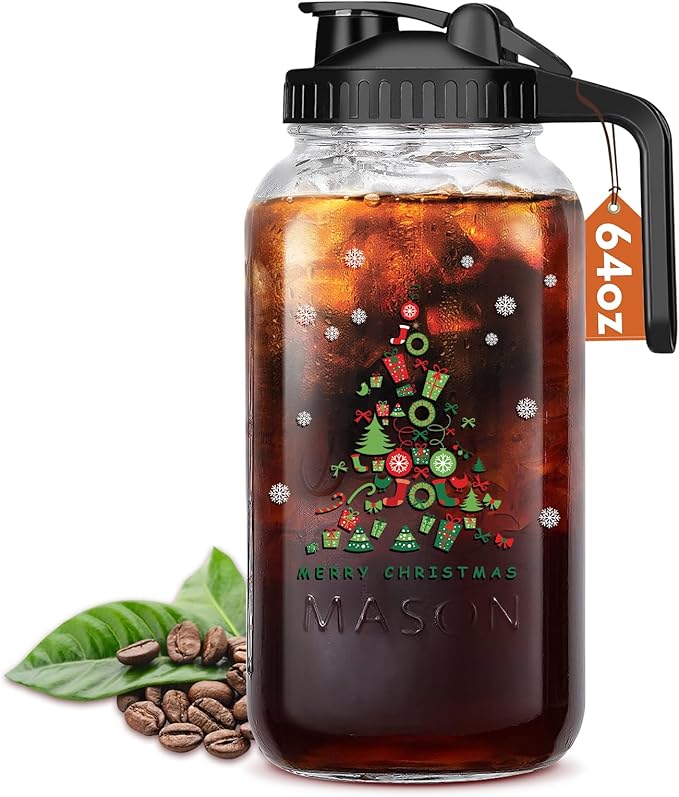 Breast Milk Pitcher,Mason Jar Pitcher with Lid Double Leak Proof, Breastmilk Storage Containers for Fridge, Glass Jug for Sun Tea, Juice, Cold Brew Coffee(Christmas tree）