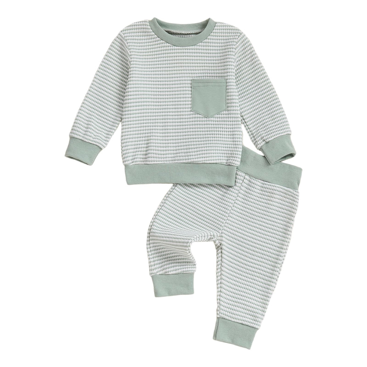 Fufuriprefer Toddler Baby Boy Fall Clothes Waffle outfit Long Sleeve Top Jogger Pant Set (B-Army Green, 12-18 Months)