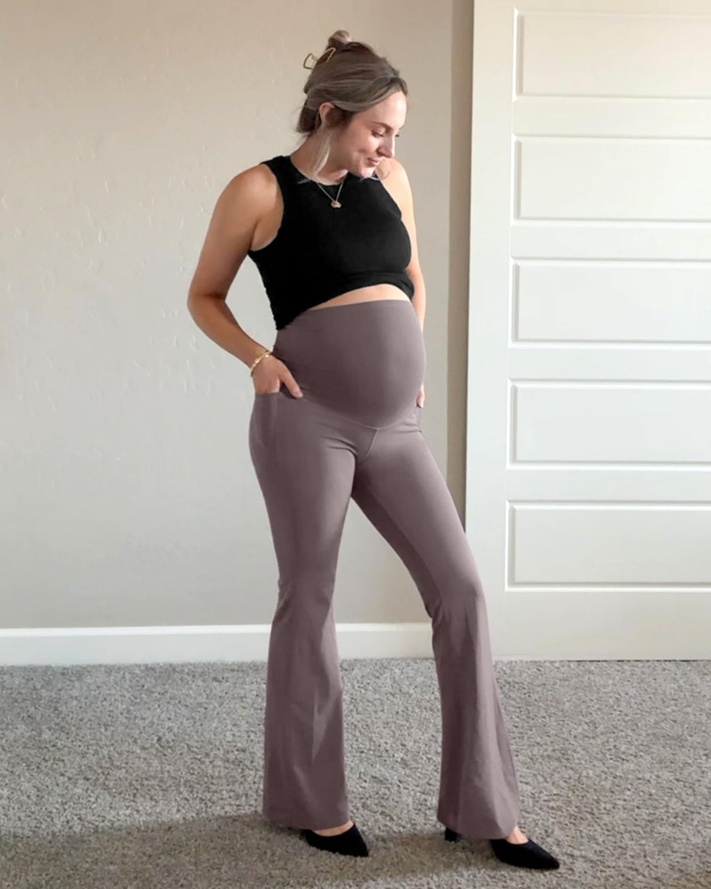 G4Free Pregnancy Pants Maternity Flare Leggings for Yoga,Taupe,L,Petite
