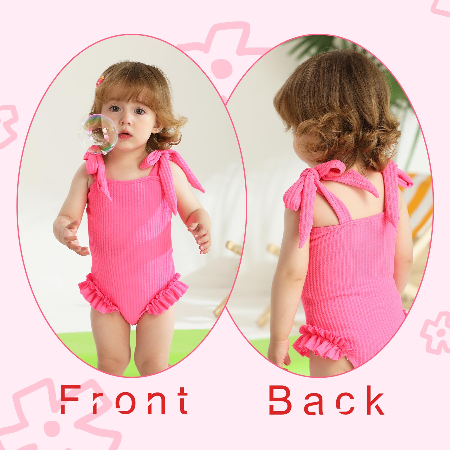 Happy Town Toddler Swimsuit Girl Solid Color Stripe One-Piece Baby Bathing Suits (Solid Hot Pink, 12-18 Months)