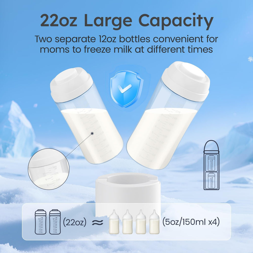 Portable Breast Milk Cooler for Travel, 22oz Large Capacity Breastmilk Chiller for Working Moms, 360° Cooling Keeps Milk Chilled 24 Hours, Includes 2 Baby Bottles, Breastfeeding Essentials