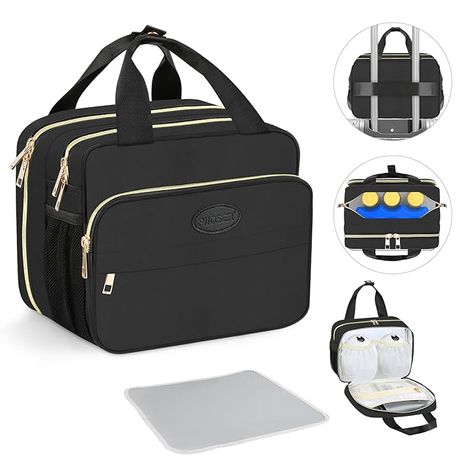 PIIOSER Insulated Baby Bottle Bag with Ice Pack, Breastmilk Cooler Compatible with Wearable Breast Pumps & Accessories - Breastfeeding On The Go Travel for Nursing & Working Moms, Black