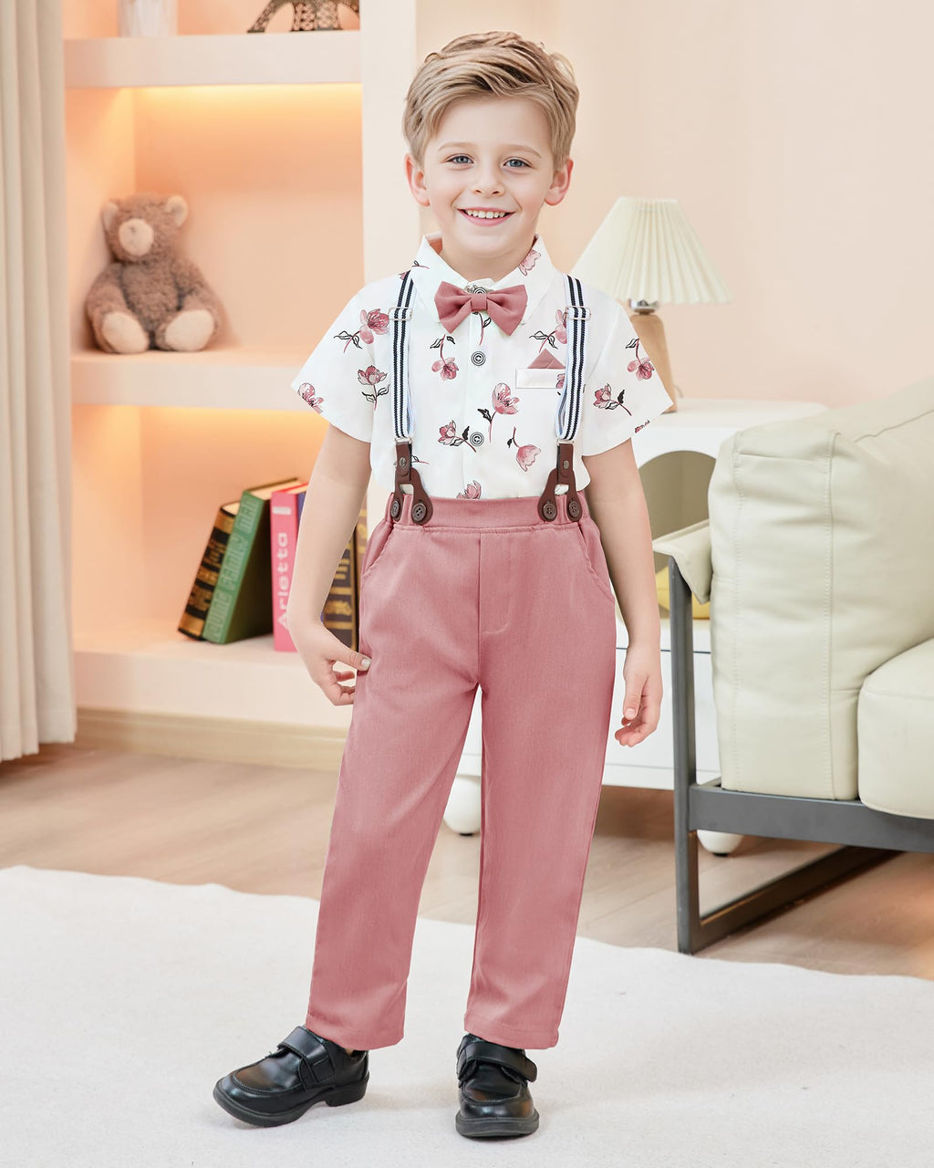 nilikastta Boy Dress Clothes Gentleman Wedding Outfits Pink Short Dress Shirt With Bowtie/Suspender Pants 5-6Years.