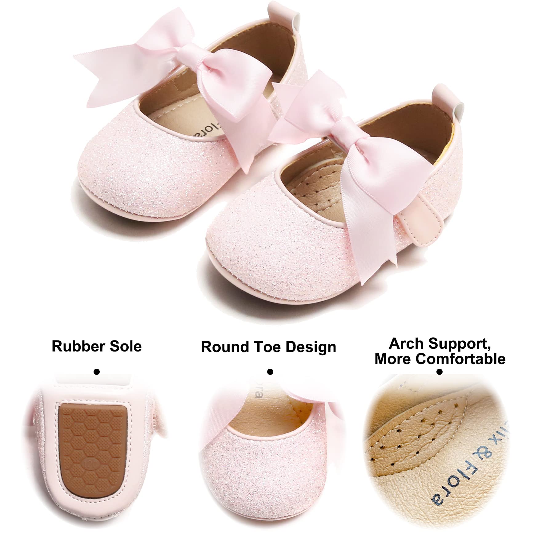 Soft Sole Leather Glitter Light Pink Baby Shoes - Infant Baby Walking Shoes Moccasinss Rubber Sole Crib Shoes(Glitter Light Pink,6-9 Months Infant)