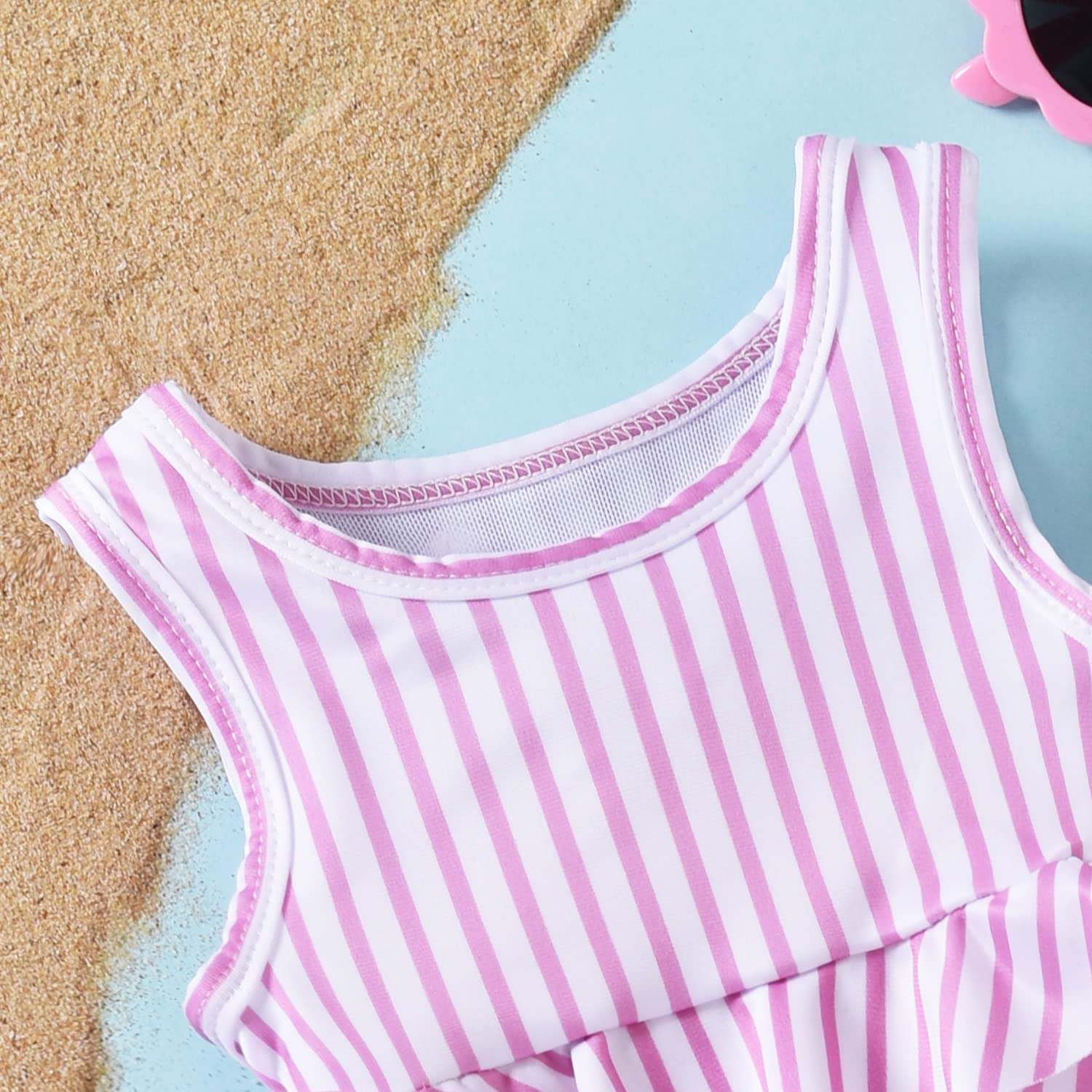 Aalizzwell Toddler Little Girls Swimsuit Two Piece Striped Ruffle Bathing Suit Bikini Tops Bottoms Swimming Suit Swimwear Beach Wear Pink 2T - 3T