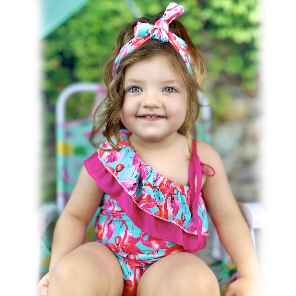 0-6 Months Baby Girls One Piece Swimsuits Infant Flamingo Bathing Suit Off Shoulder Swimwear Swimming Beach Wear with Headband