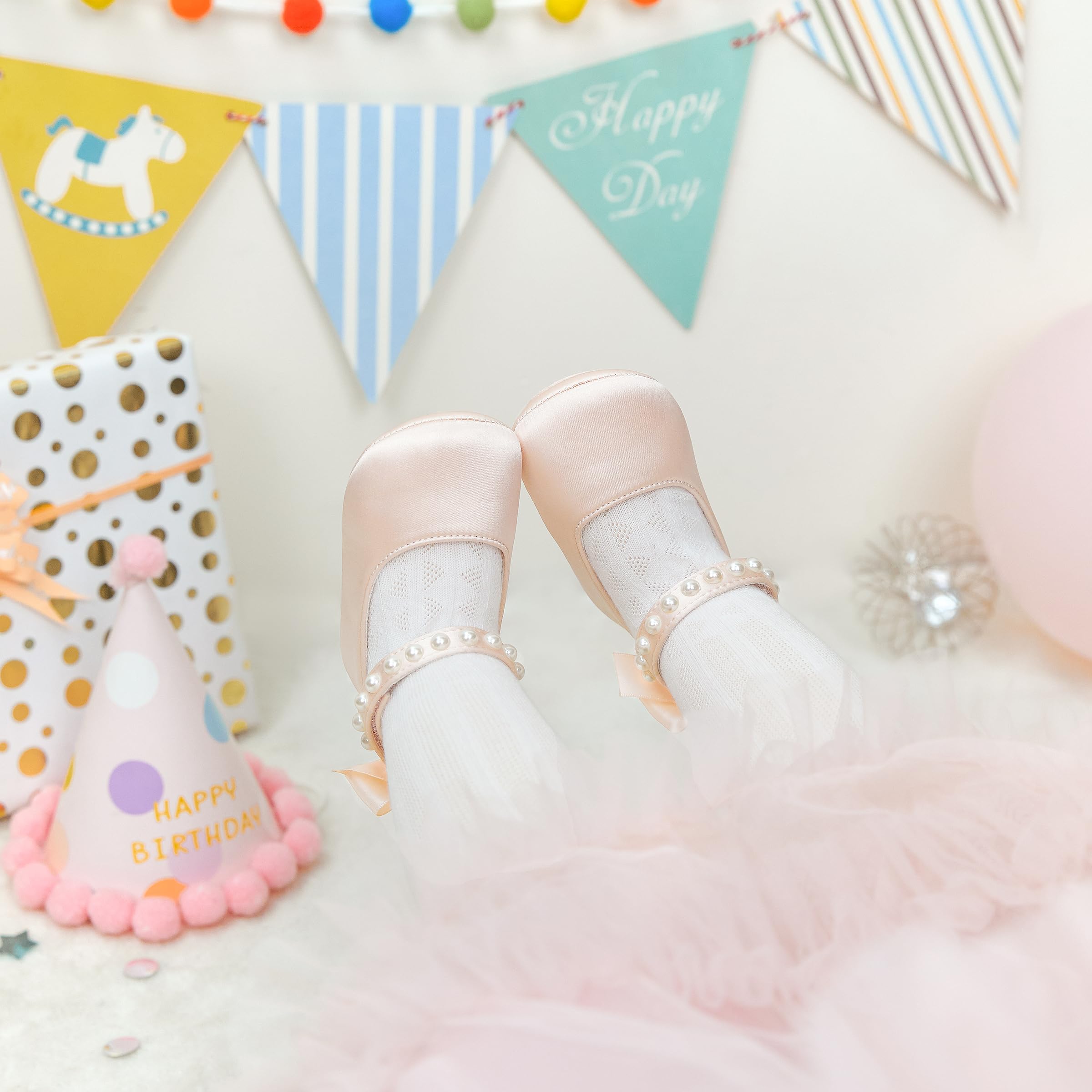 PHIRAMIN Baby Girls Peach Mary Jane Flats - Infant 12-18 Months Walking Shoes Soft Rubber Sole Princess Wedding
