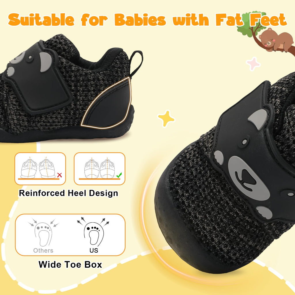 FEETCITY Wide Baby Sneakers Infant Walking Shoes Boys Girls Baby Slip On Shoes Breathable Non-Slip Infant Barefoot Shoe 0-6 Months Black Grey