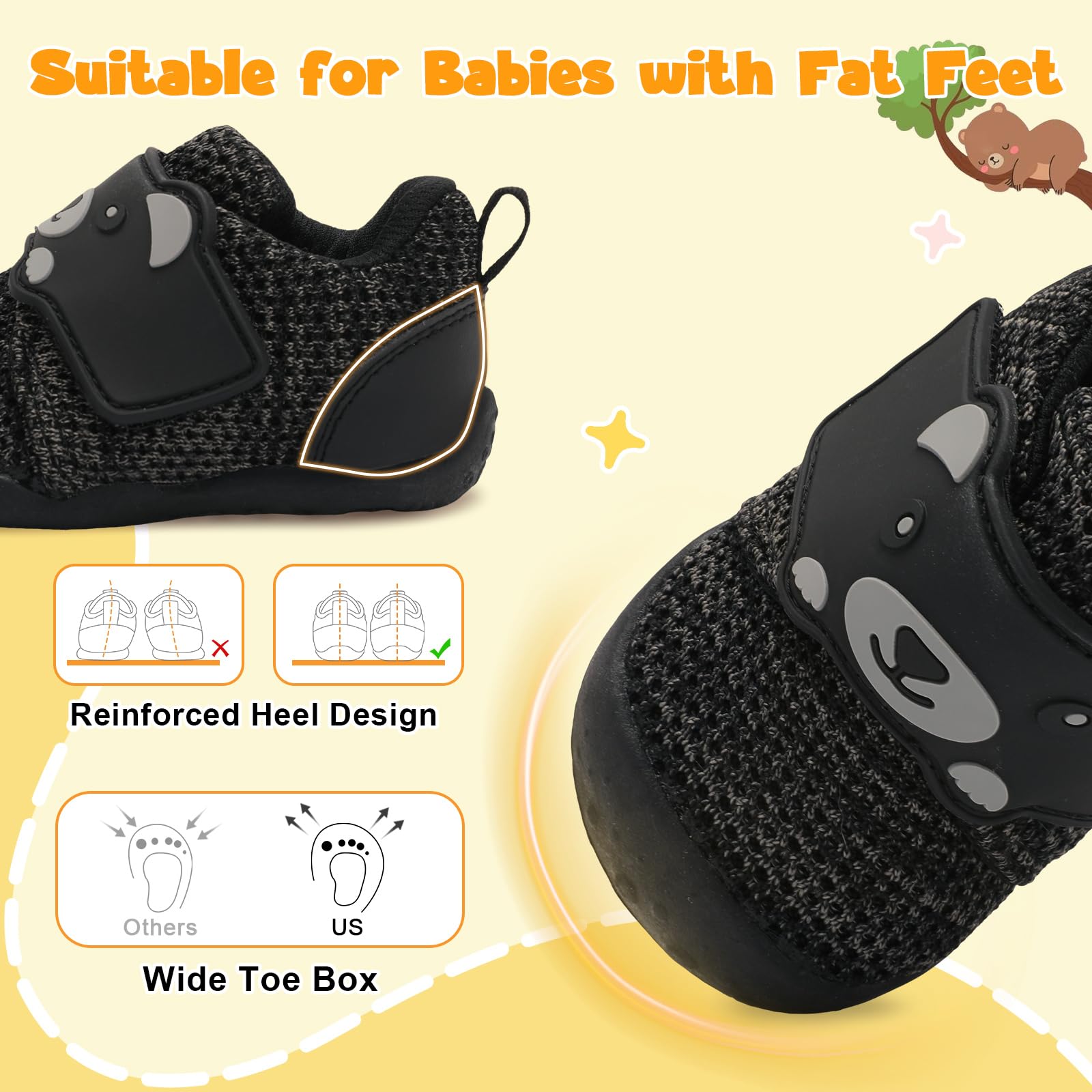 FEETCITY Wide Baby Sneakers Infant Walking Shoes Boys Girls Baby Slip On Shoes Breathable Non-Slip Infant Barefoot Shoe 0-6 Months Black Grey