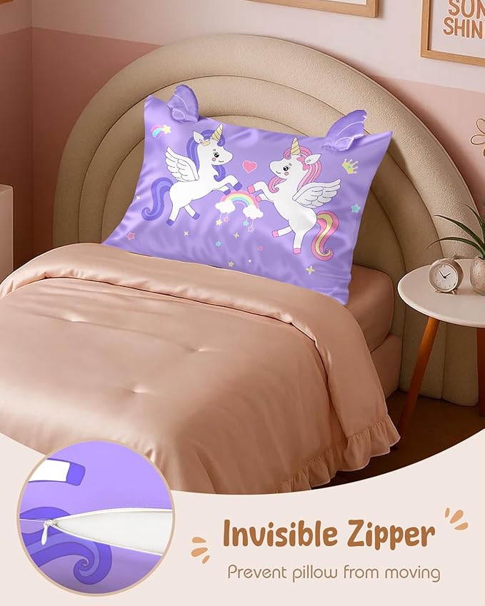 Toddler Pillowcases 13"x18" for Kids - Cute Cartoon Soft Breathable Silk Pillow Cases for Hair and Skin with Hidden Zipper for Girls Fun Kawaii Design for Bedding, Two Unicorns
