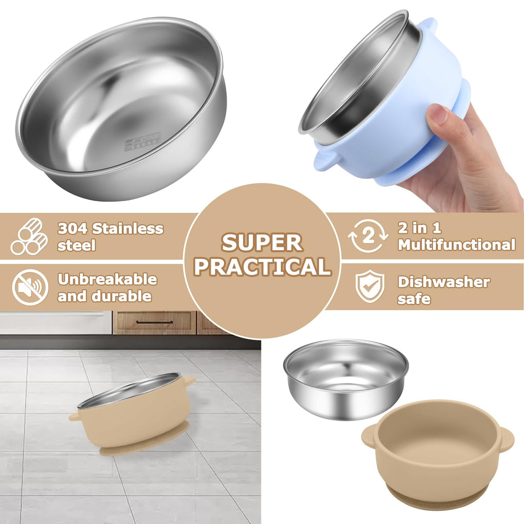 Wesketch 2 Pack Stainless Steel Baby Bowls with Removable Non-Slip Silicone Suction Shell, Anti Scald Food Container for Baby Food Feeding-Skyblue & Cream