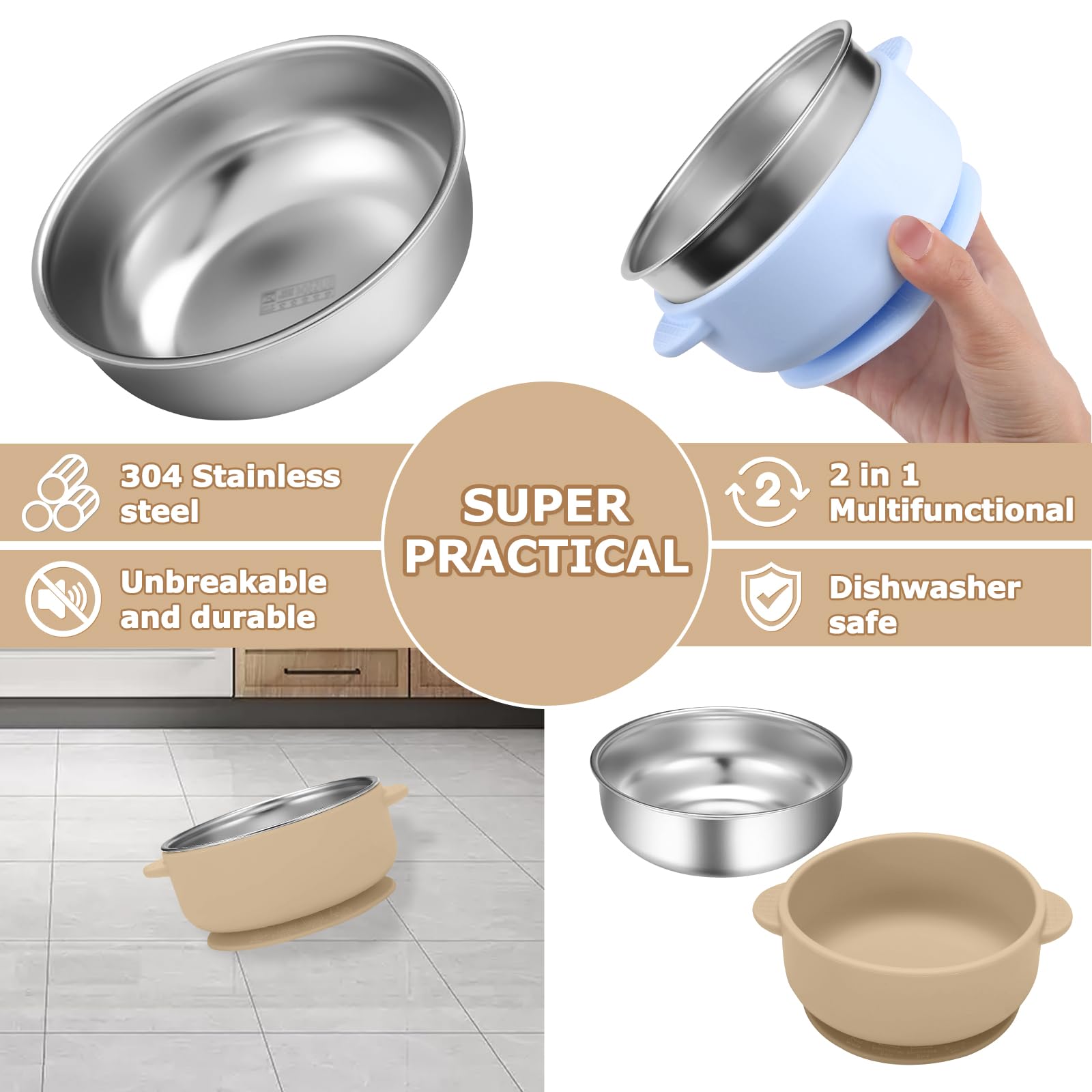 Wesketch 2 Pack Stainless Steel Baby Bowls with Removable Non-Slip Silicone Suction Shell, Anti Scald Food Container for Baby Food Feeding-Skyblue & Cream