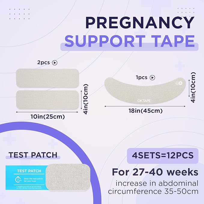 OK TAPE Pregnancy Belly Tape, Hypoallergenic Precut Belly Band Support, Relief Maternity Round Ligament Pain/Back Pain/Belly Pain, Women Pregnancy Must Haves, 4 Sets, Fashion Grey - For 27-40 weeks
