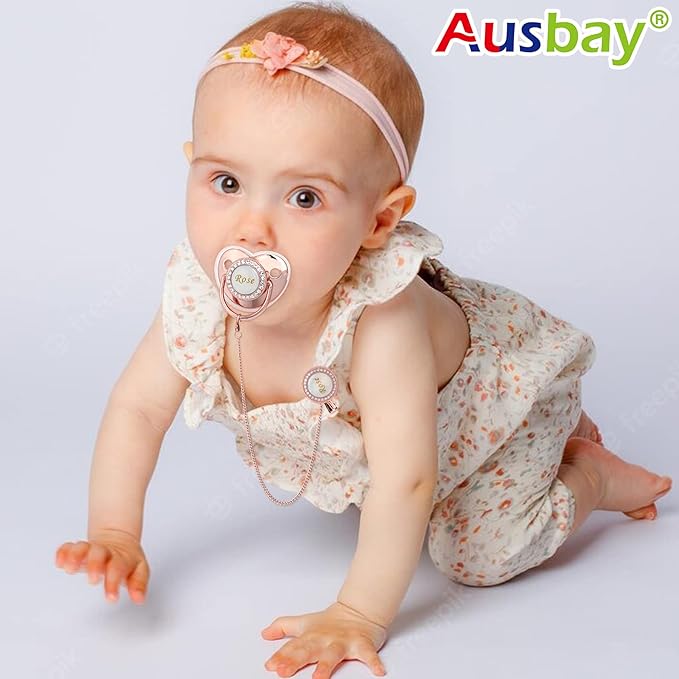 Personalized Pacifier Set with Name, BPA Free, Bling Gold Silver Pink Rose Gold Luxurious Ideal Gift for Newborns (Silvery)