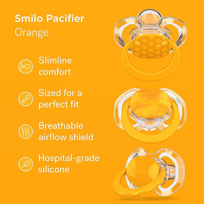 Smilo Baby Pacifier with Orthodontic Design for Healthy Dental Development - Stage 1 for Babies 0-3 Months - Pack of 3X 100% Silicone Newborn Pacifiers BPA Free - Orange