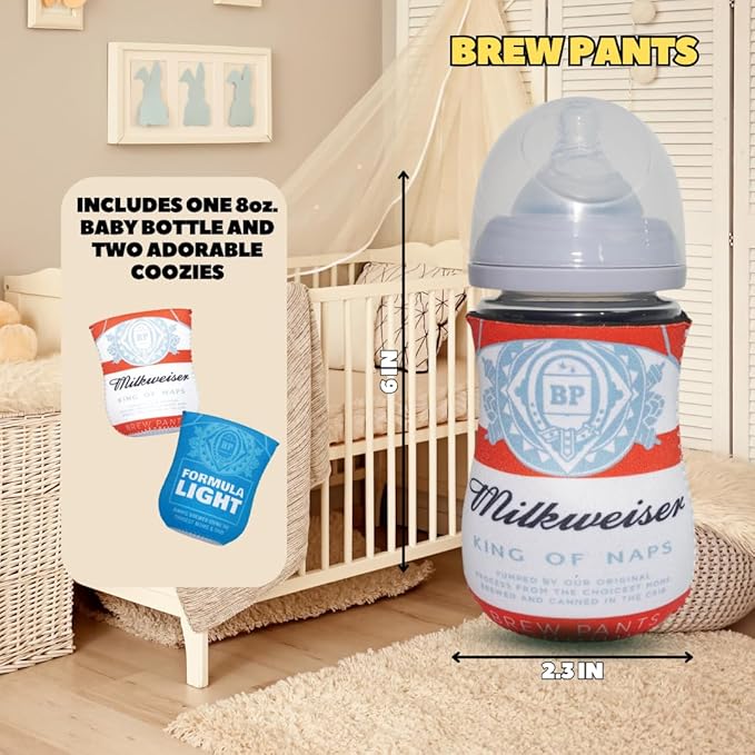 American Beer Themed Coozies for Baby Bottles - Funny Gift for New Parents & Baby Showers - (2 Premium Designed Neoprene Coozies + BPA/Lead/Phthalate Free Bottle Included)