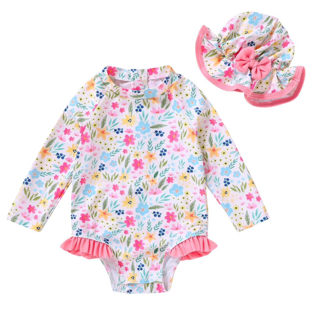 Infant Baby Girl Swimsuit One-Piece Long Sleeve Rash Guard with Hat Set Floral Zipper Bathing Suit Leopard Beach Wear(Plants, 6-12M)