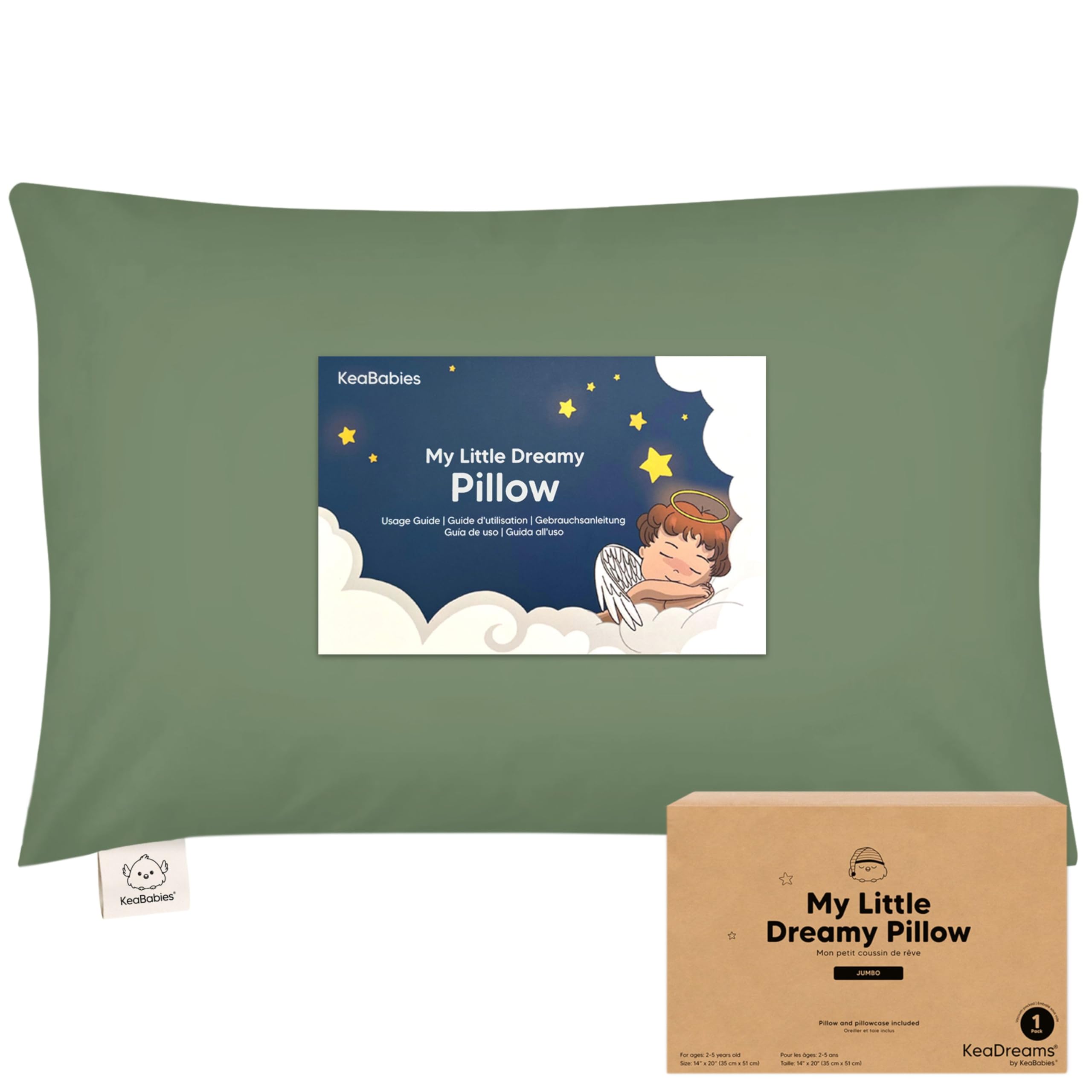 KeaBabies Organic Toddler Pillow with Pillowcase,Jumbo 14X20(Jungle Green)