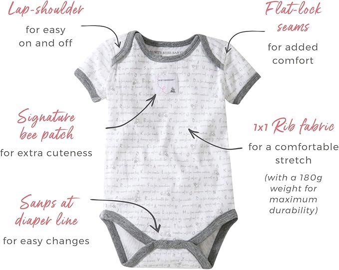 Burt's Bees Baby Organic Cotton Bodysuits – Baby Boy & Girl Short and Long Sleeve One-Pieces, 5-Pack