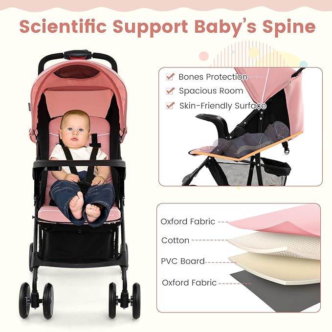 Baby Joy Lightweight Stroller, Compact Toddler Travel Stroller for Airplane, Infant Stroller w/Adjustable Backrest/Footrest/Canopy, 5-Point Harness, Storage Basket, Easy One-Hand Fold (Pink)