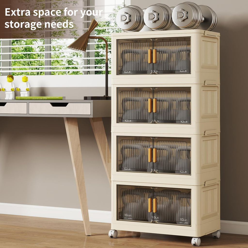 4 Tier Stackable Plastic Storage Bins with Lids 48QT, Collapsible Closet Organizers and Storage with Wheels for Living Room,Office,Dorm