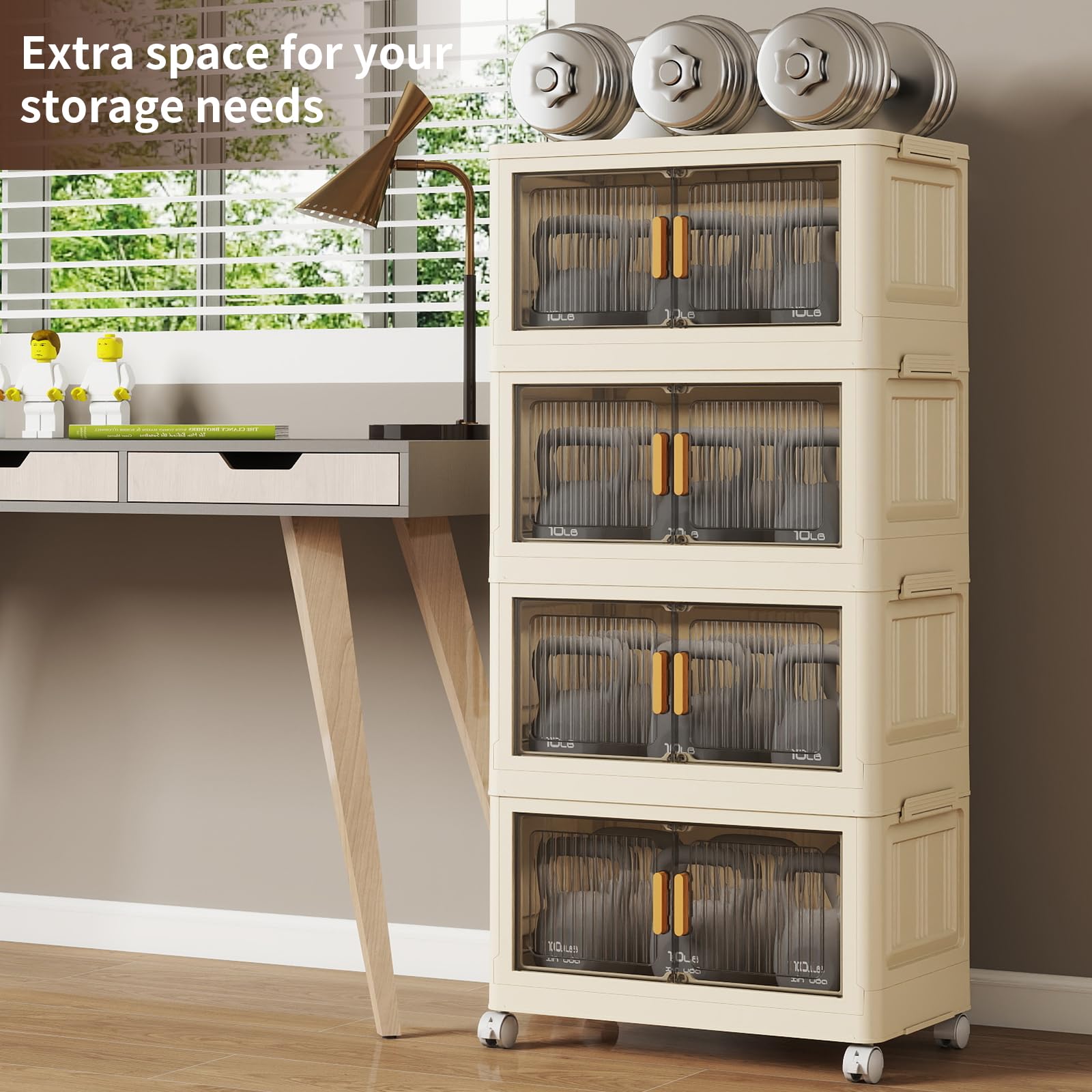 4 Tier Stackable Plastic Storage Bins with Lids 48QT, Collapsible Closet Organizers and Storage with Wheels for Living Room,Office,Dorm