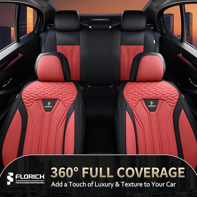 FLORICH Leather Seat Covers Automotive Seat Covers Car Seat Covers Full Set Car Seat Protectors 5 Seats Driver Seat Covers Fit for Most Cars Trucks SUV-Black&Burgundy