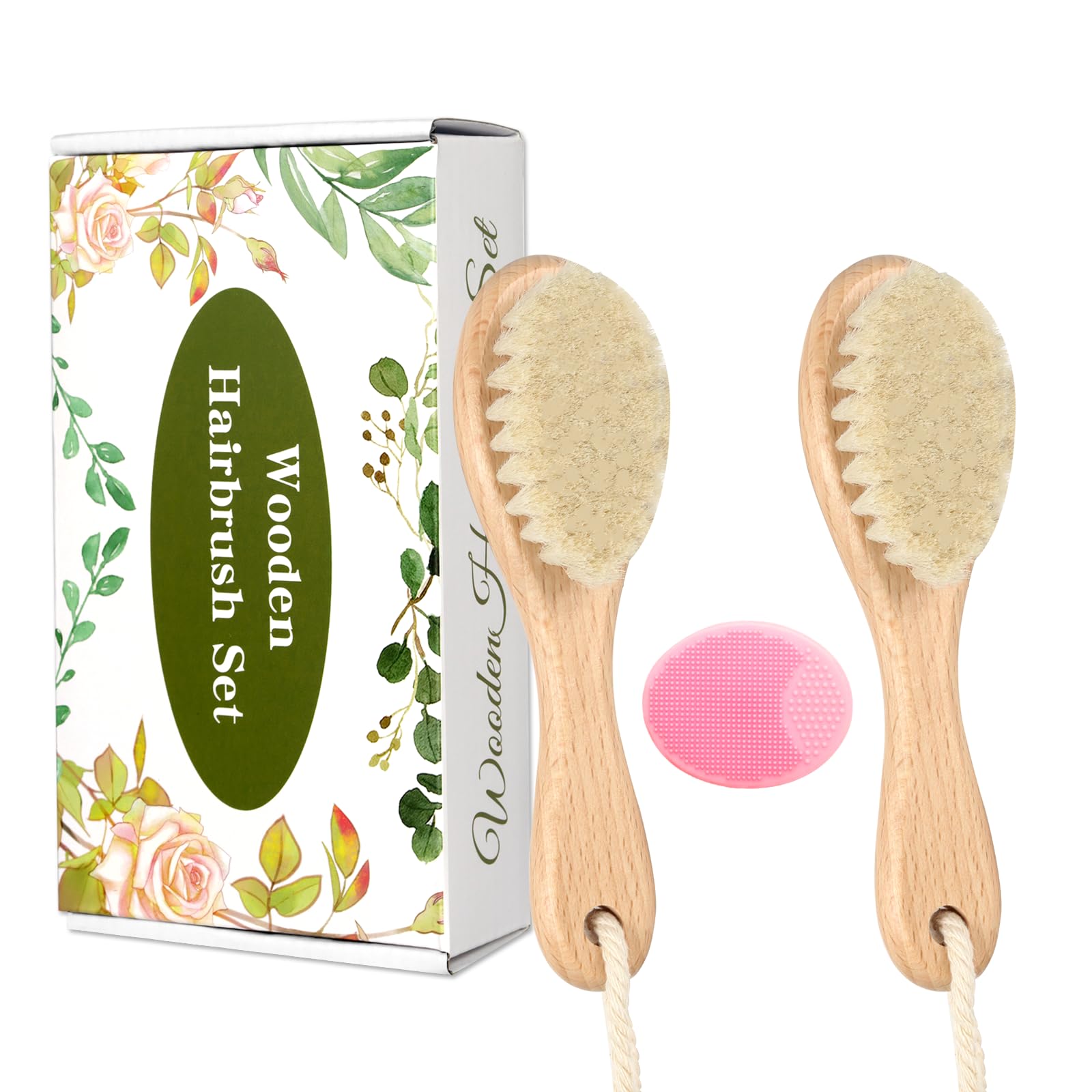 Wooden Baby Hair Brush and Comb Set, 2Pcs Natural Soft Goat Bristles Brush with Baby Shower Scrubber Perfect Scalp Grooming Product for Newborn, Toddler, Infant (Pink)