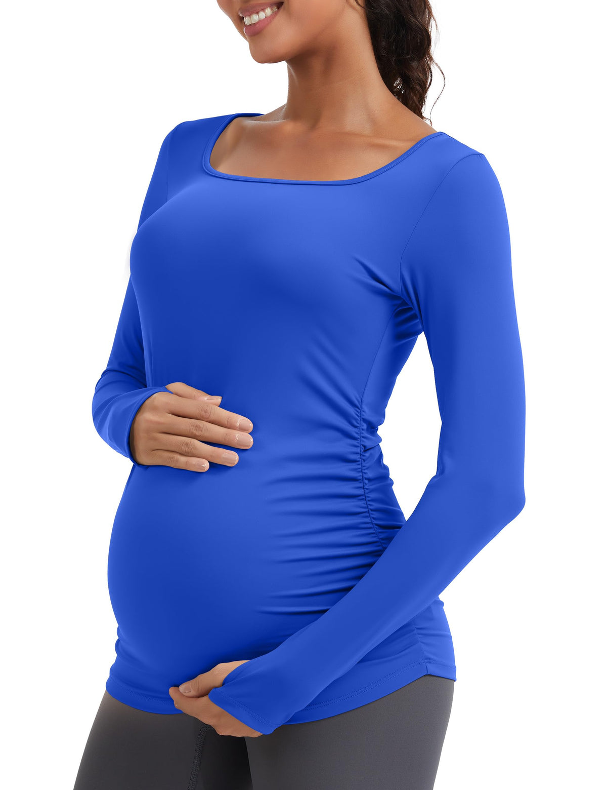 MathCat Maternity Long Sleeve Shirt with Thumbleholes, Maternity Tops Squar Neck Side Ruched Pregnancy Shirts Athletic Yoga Casual Tee Blue