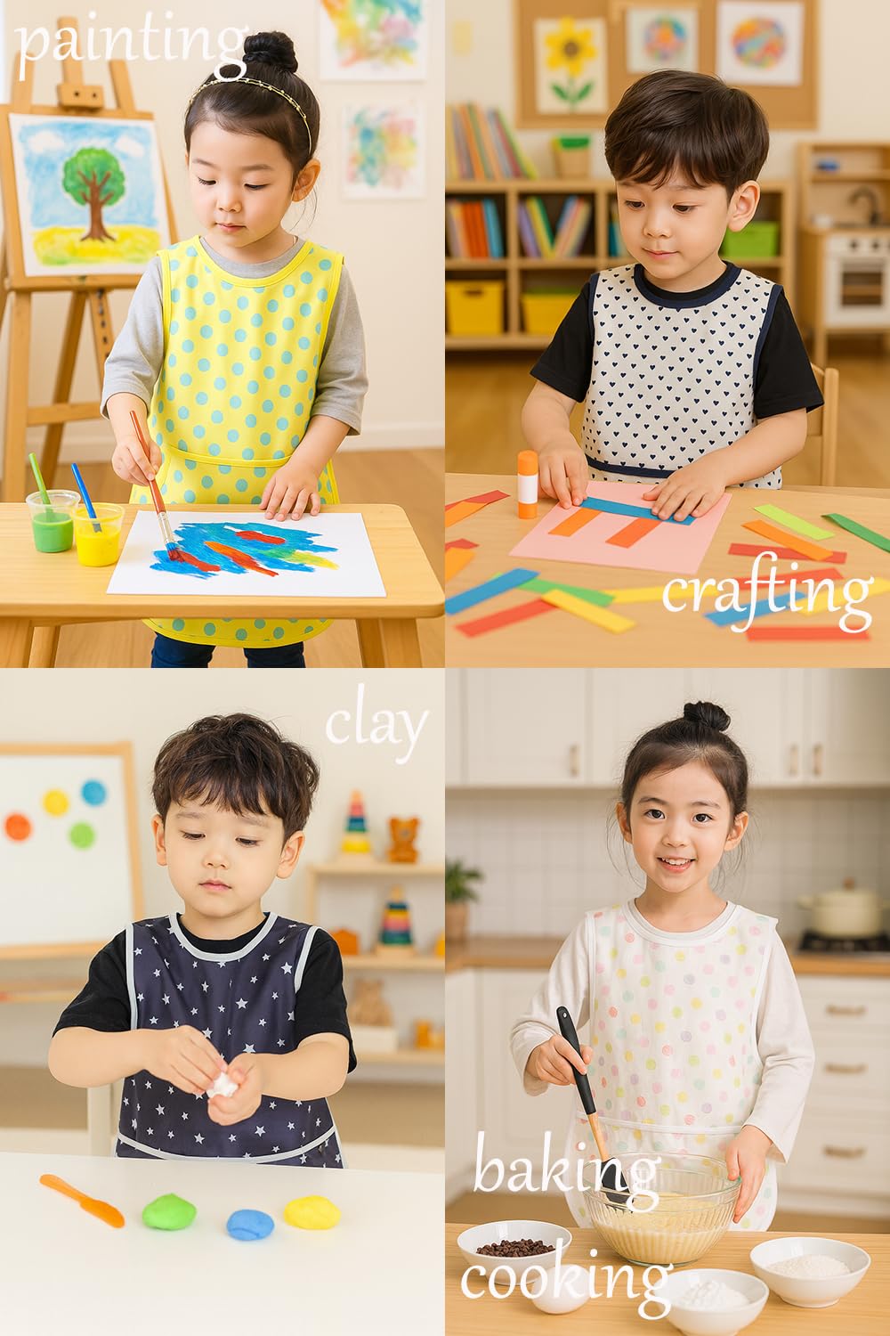 Plie Kids Painting Apron – Waterproof Art Smock for Toddlers & Preschoolers, Messy Play, Baking, Crafts, Cooking, Sensory Activities, Mealtime (Ages 1–10), Black Check (33-M)