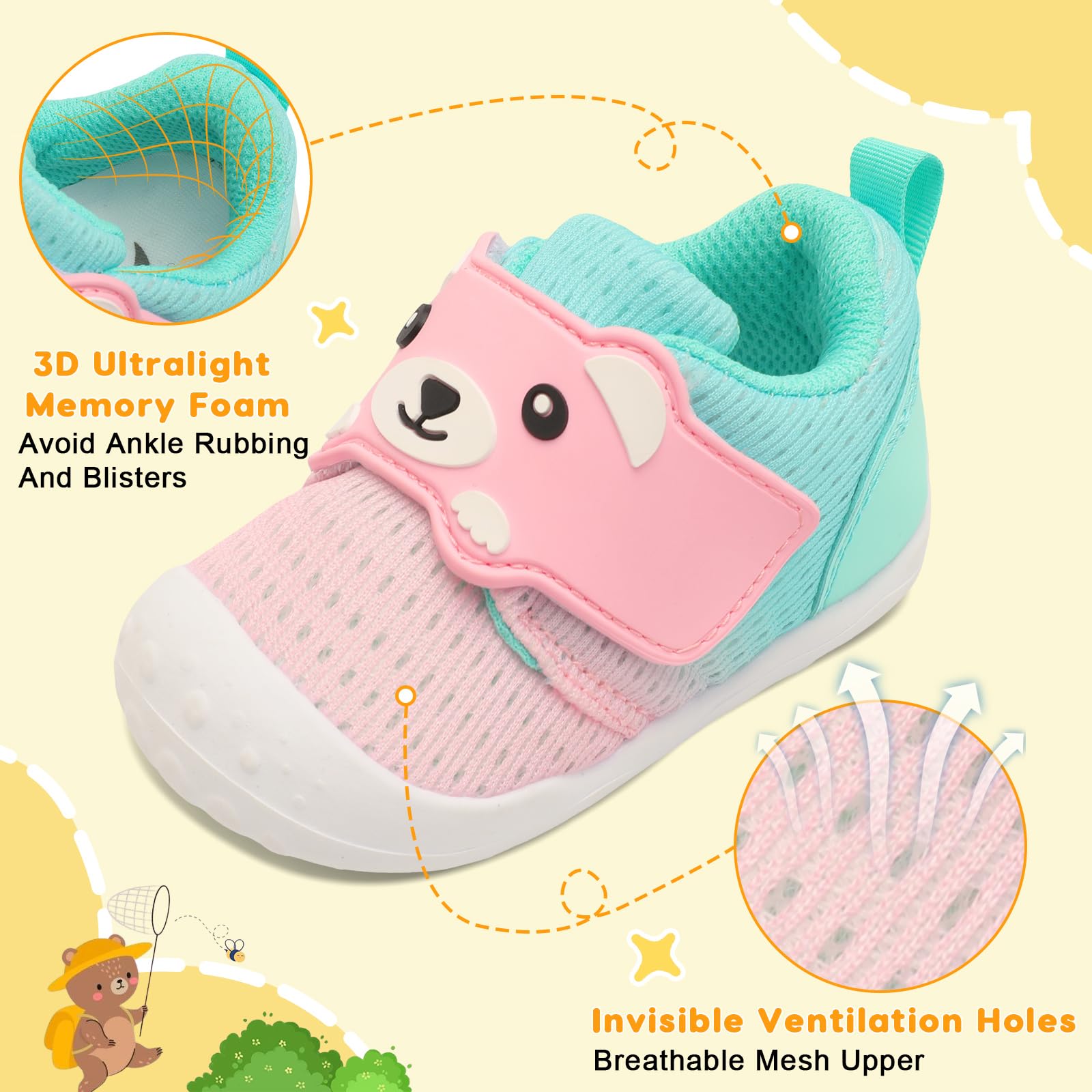 FEETCITY Baby Walking Shoes Baby Sneakers Wide Infant Shoes Breathable Infant Slip On Shoe Newborn Crib Shoe 2-2.5 Years Pink Green