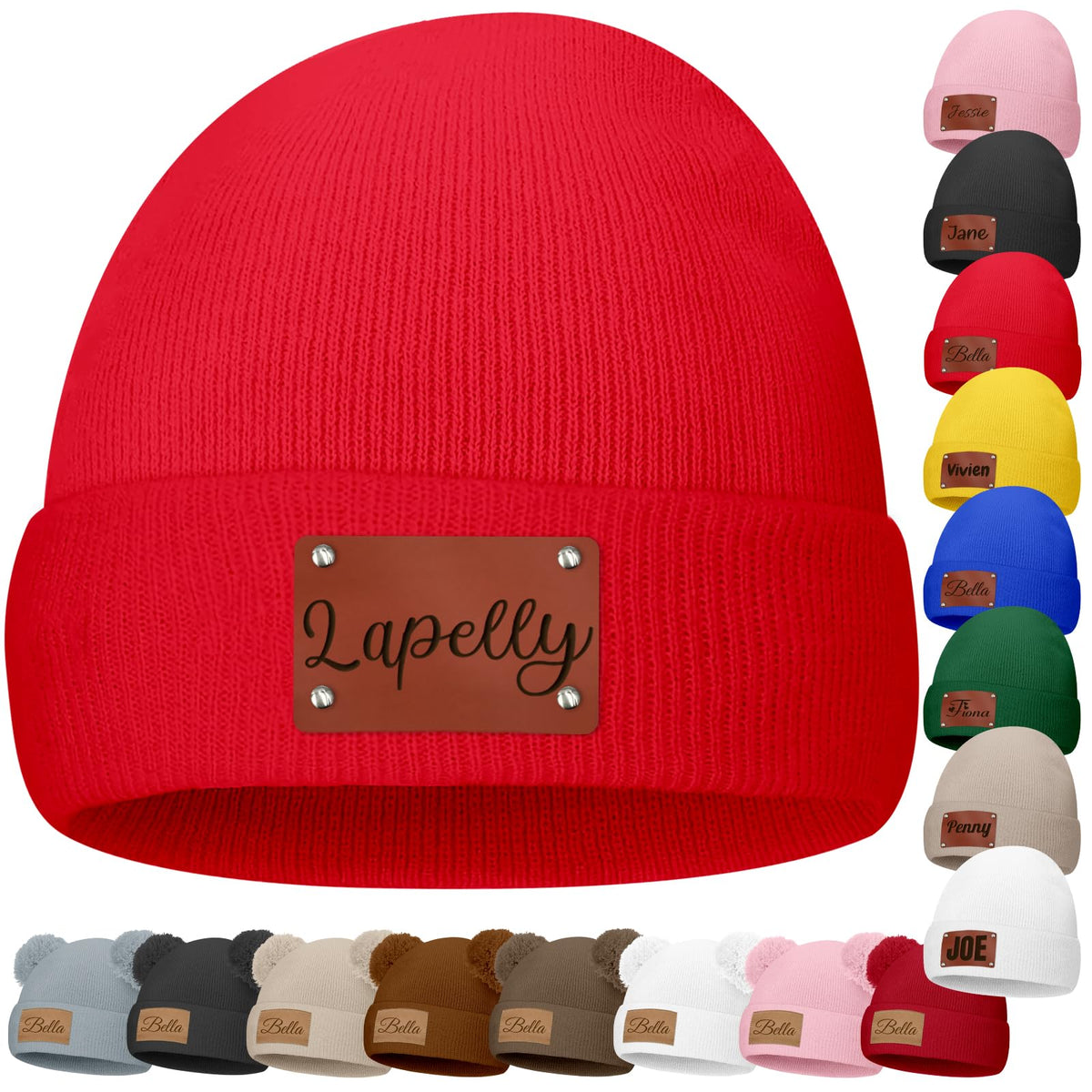 Custom Baby Beanies Personalized Toddler Winter Hats Name Leather Patch Kids Knit Warm Hat for Infant Boys Girls Adult Grey