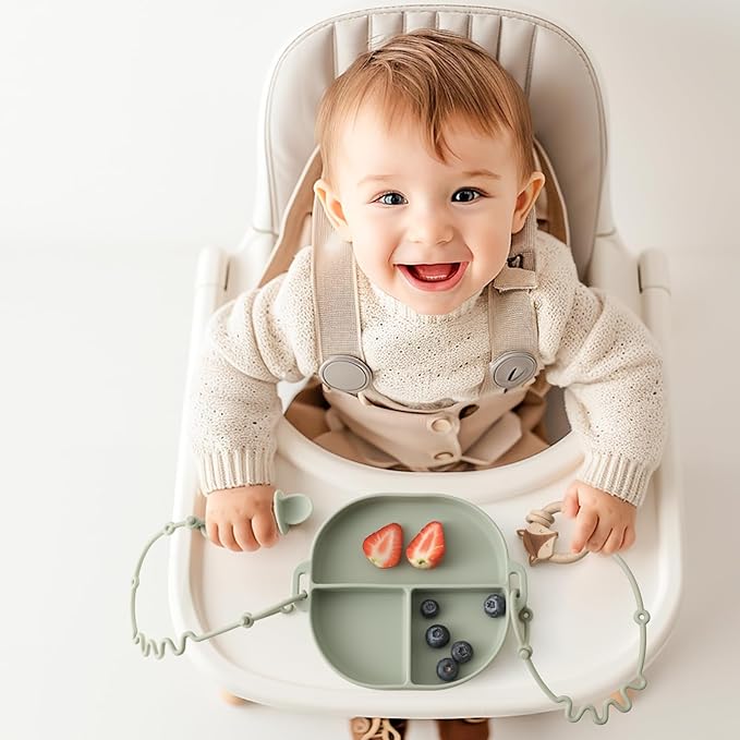 Andy Bear Silicone Plates for Babies with Suction Divided Baby Spoons Silicone Baby Toy Straps All-in-one Plates Silicone Placemat for Babies Toddlers Attachable Tethers & Built-in Suction Cups-Ivory