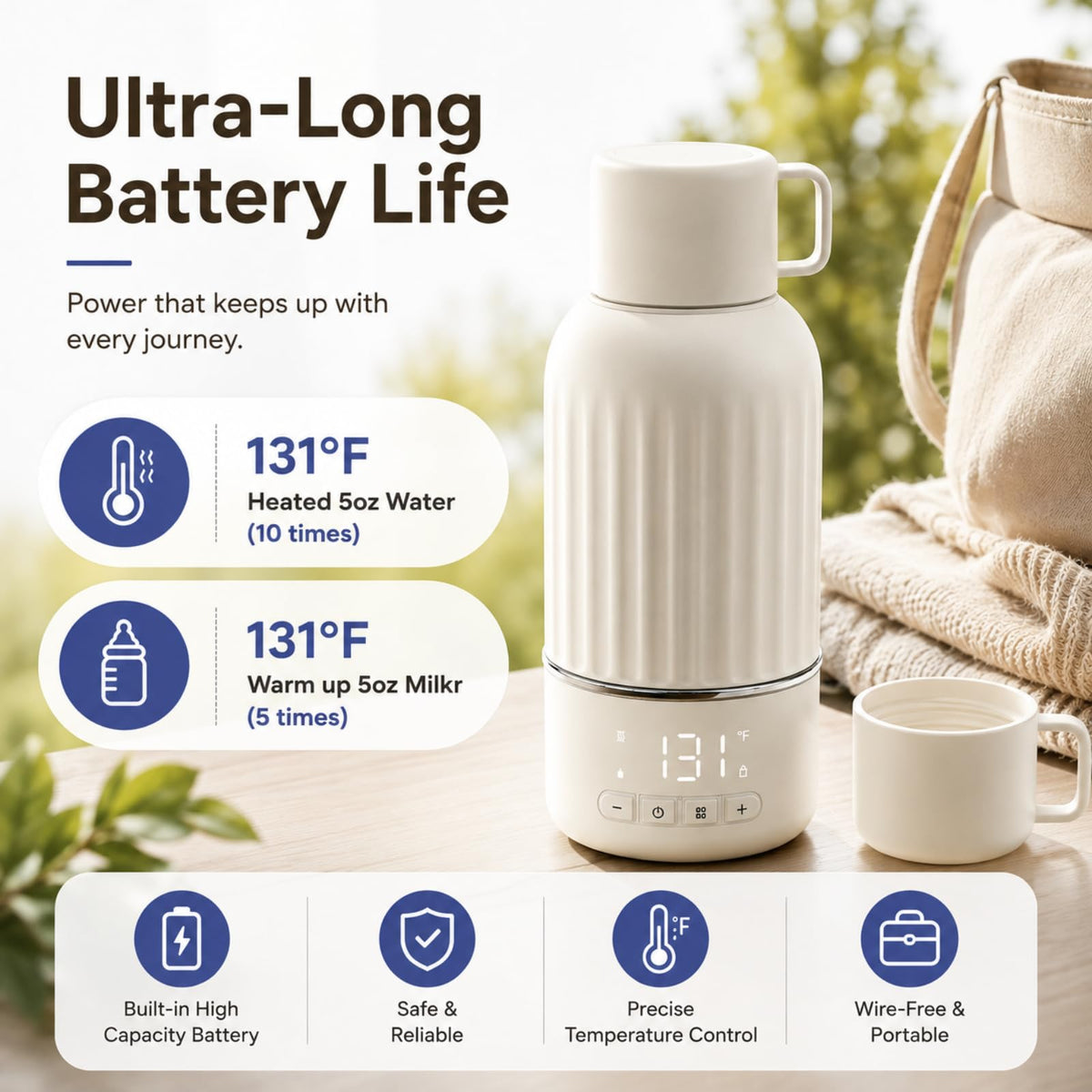 Snow Bear Portable Bottle Warmer for Travel, with 36W Fast Charger, Fast Heating for Breast Milk and Water, 10200mAh Battery with LED Display, 17oz Large Capacity, Smart Water Bottle 500mL