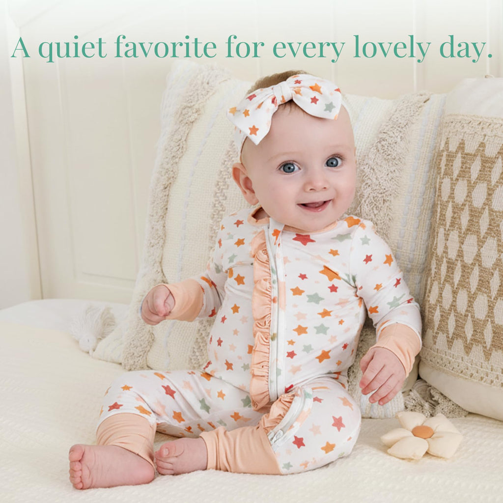 PATPAT Baby Girl Infant Clothes Footie – Soft Viscose from Bamboo, Stretch Feel – 2-Way Ruffled Zipper, Fold-Over Mittens & Cuffs Little Stars Newborn