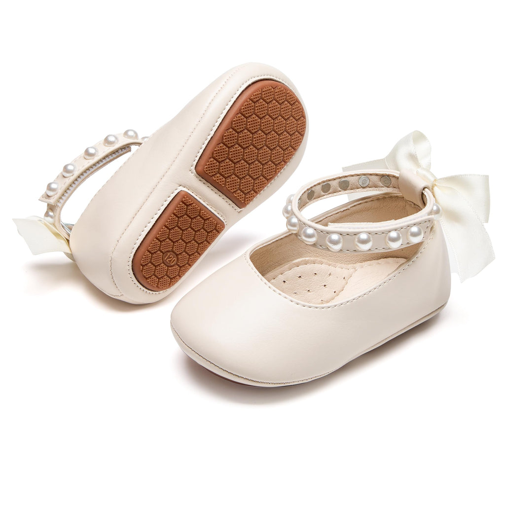 PHIRAMIN Baby Girls Beige Mary Jane Flats - Infant 9-12 Months Walking Shoes Soft Rubber Sole Princess Wedding