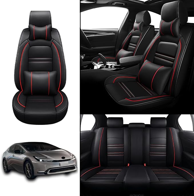 Car Seat Covers for Toyota Prius 2001-2025 | 5-Seats Seat Covers, Waterproof Seat Protectors, Automotive Seat Covers (Full Set with Pillow,Black&Red Line)