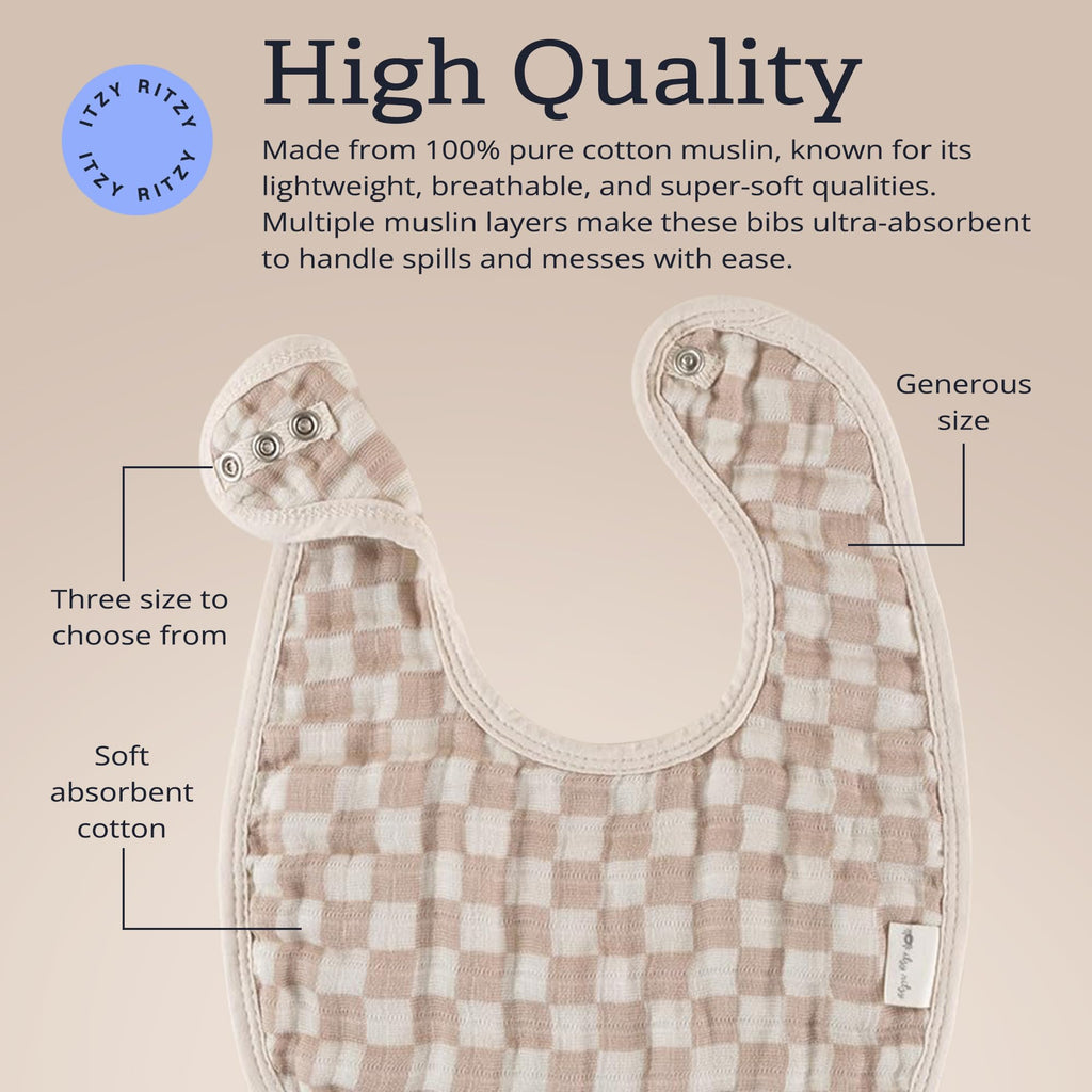 Itzy Ritzy Baby Bibs Set of 3, Ultra-Soft Cotton Muslin Bibs (Checkerboard)