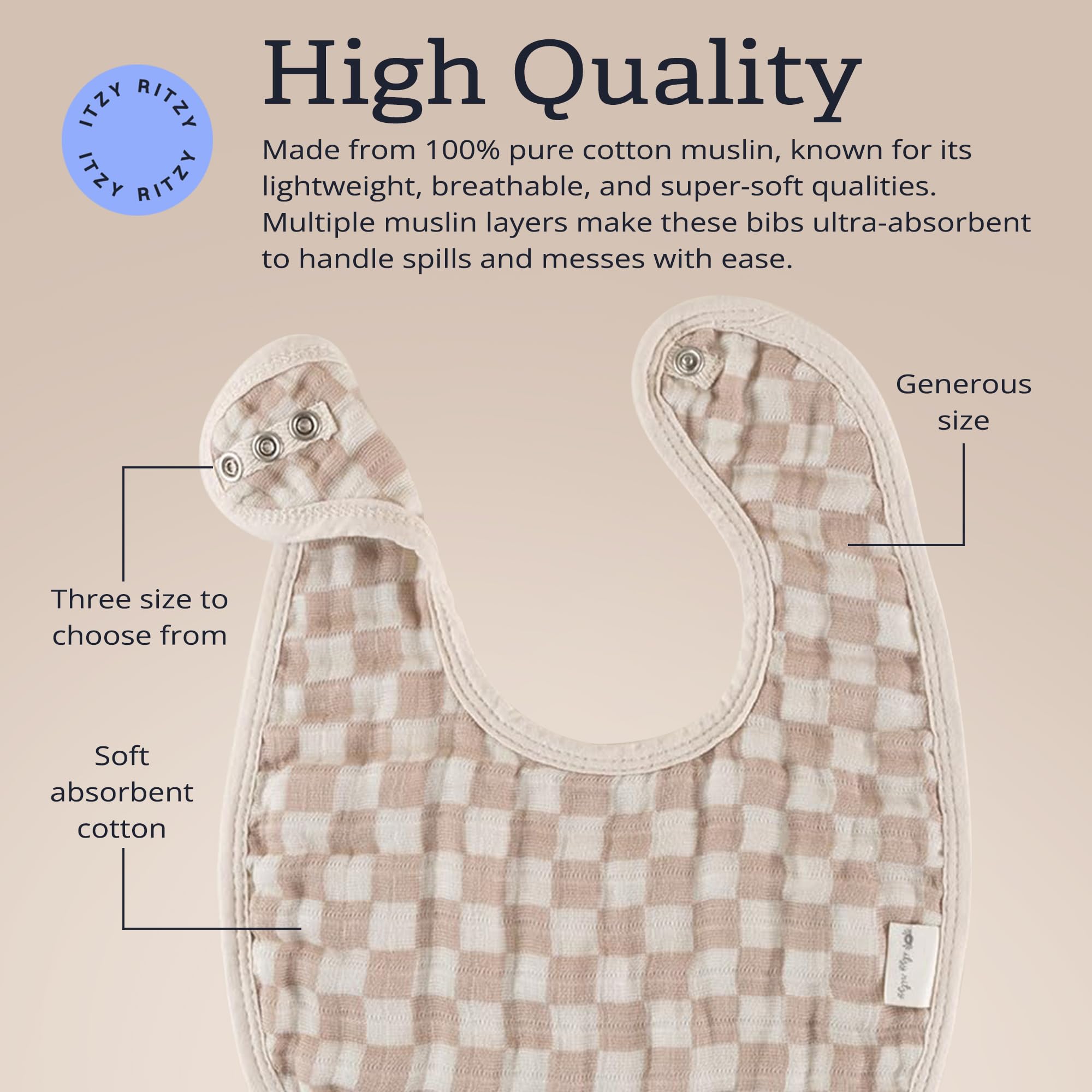 Itzy Ritzy Baby Bibs Set of 3, Ultra-Soft Cotton Muslin Bibs (Checkerboard)