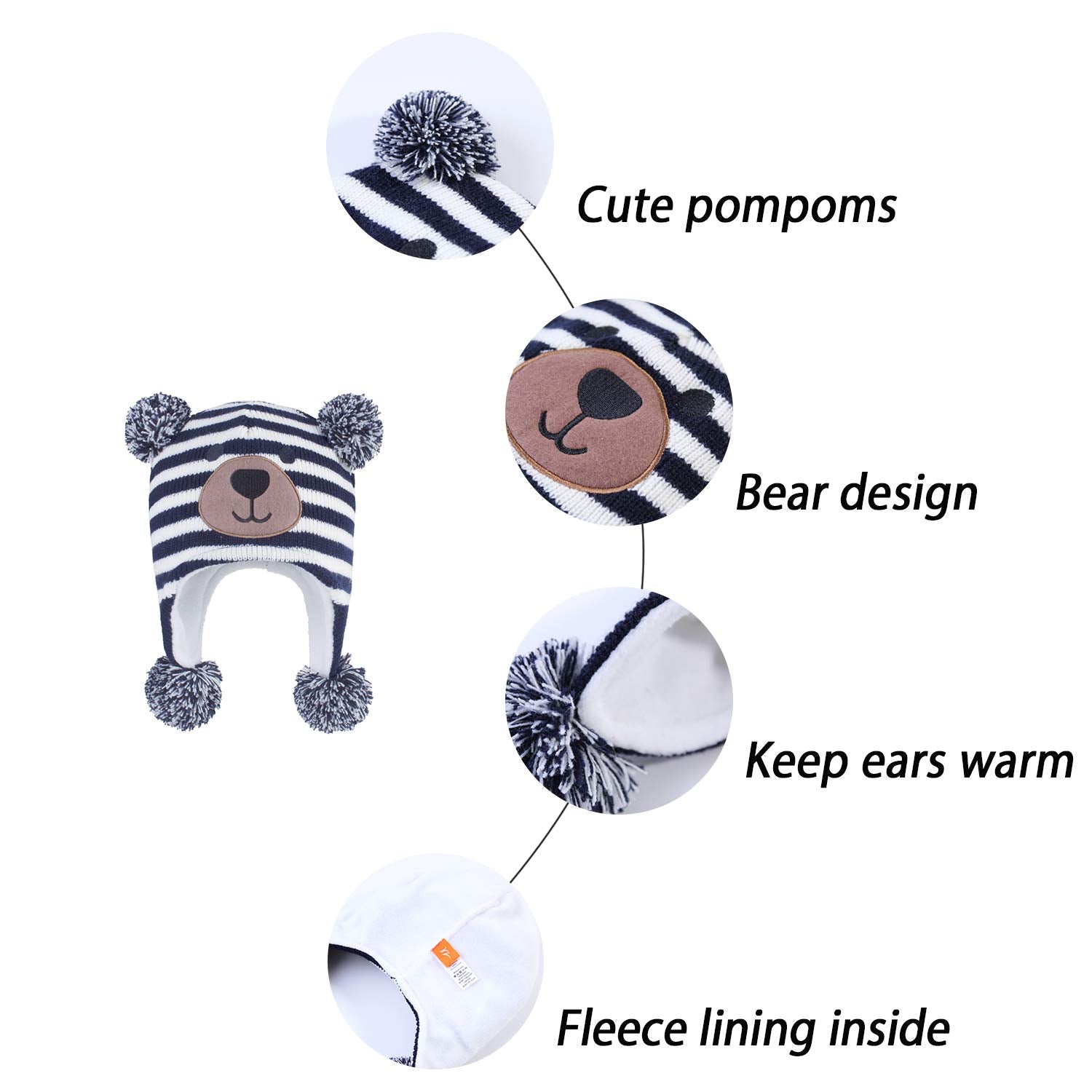 LANGZHEN Toddler Kids Infant Winter Hat,Earflap Knit Warm Cap Fleece Lined Beanie for Baby Boys (Bear -Navy Stripe+Bear -Brown Stripe, 2-4 T)
