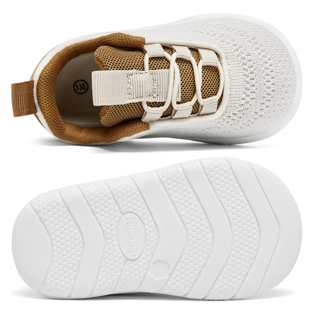 MORENDL Toddler Sneakers Baby Slip On Walking Shoes Non-Slip Breathable Boys & Girls Running Shoes Infant Tennis Shoes Beige Brown 12-15 Months Size 5