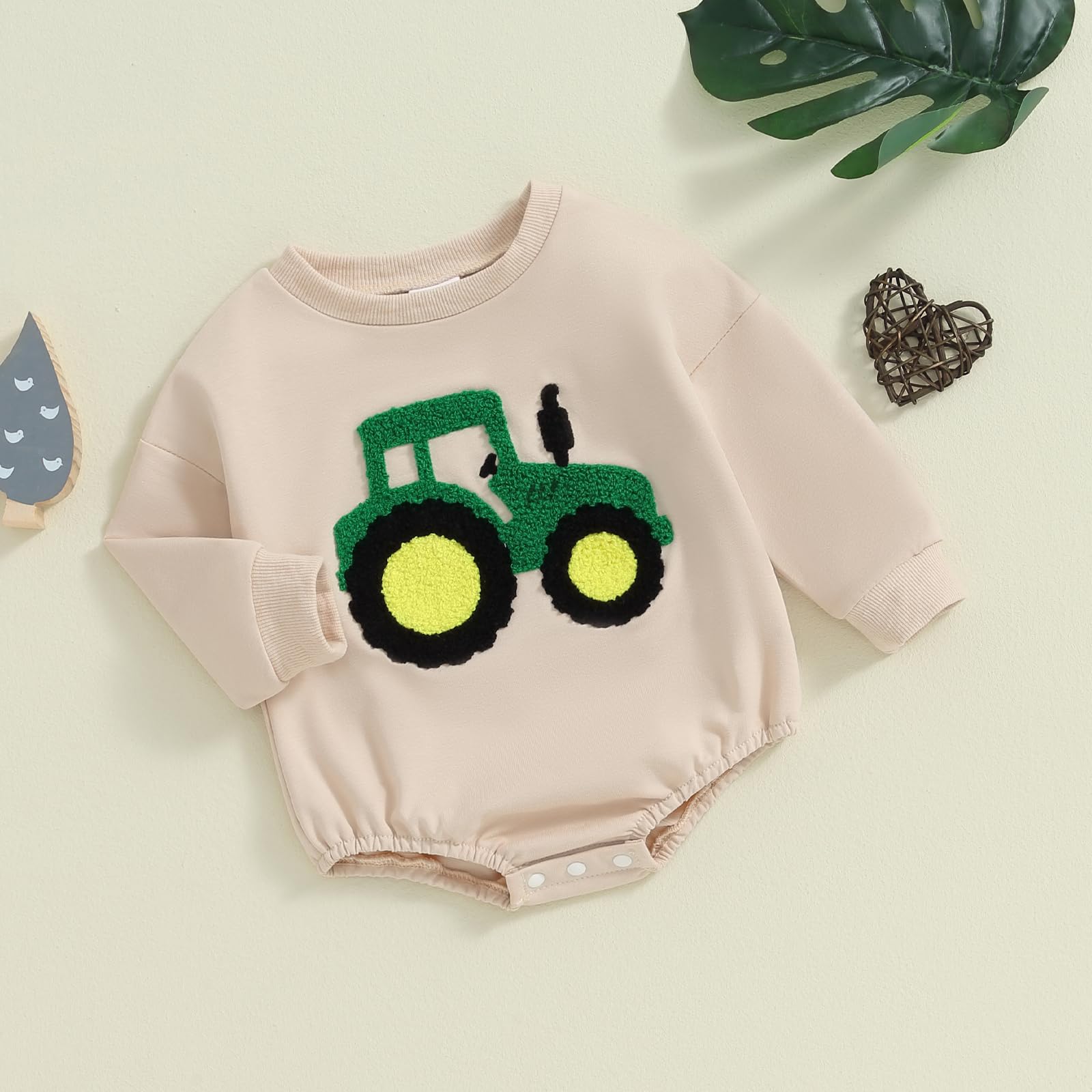 VISGOGO Newborn Infant Baby Boy Oversized Romper Sweater Bodysuits Coming Home Outfit Neutral Clothes (Beige-Tractor, 0-3 Months)